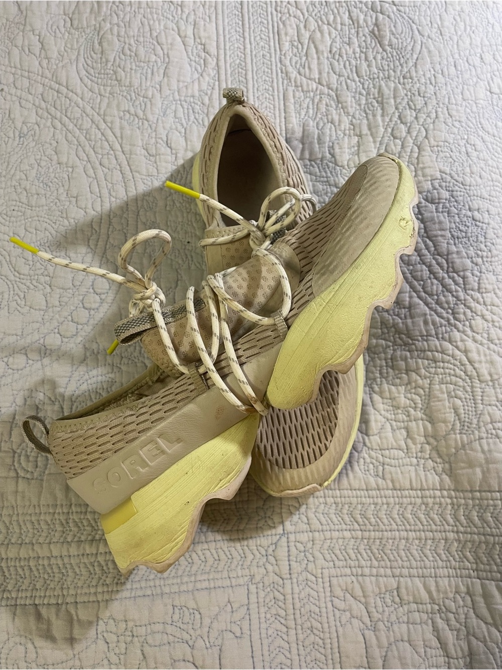 Sorel Women's Beige Knit Sneakers with Yellow Accents